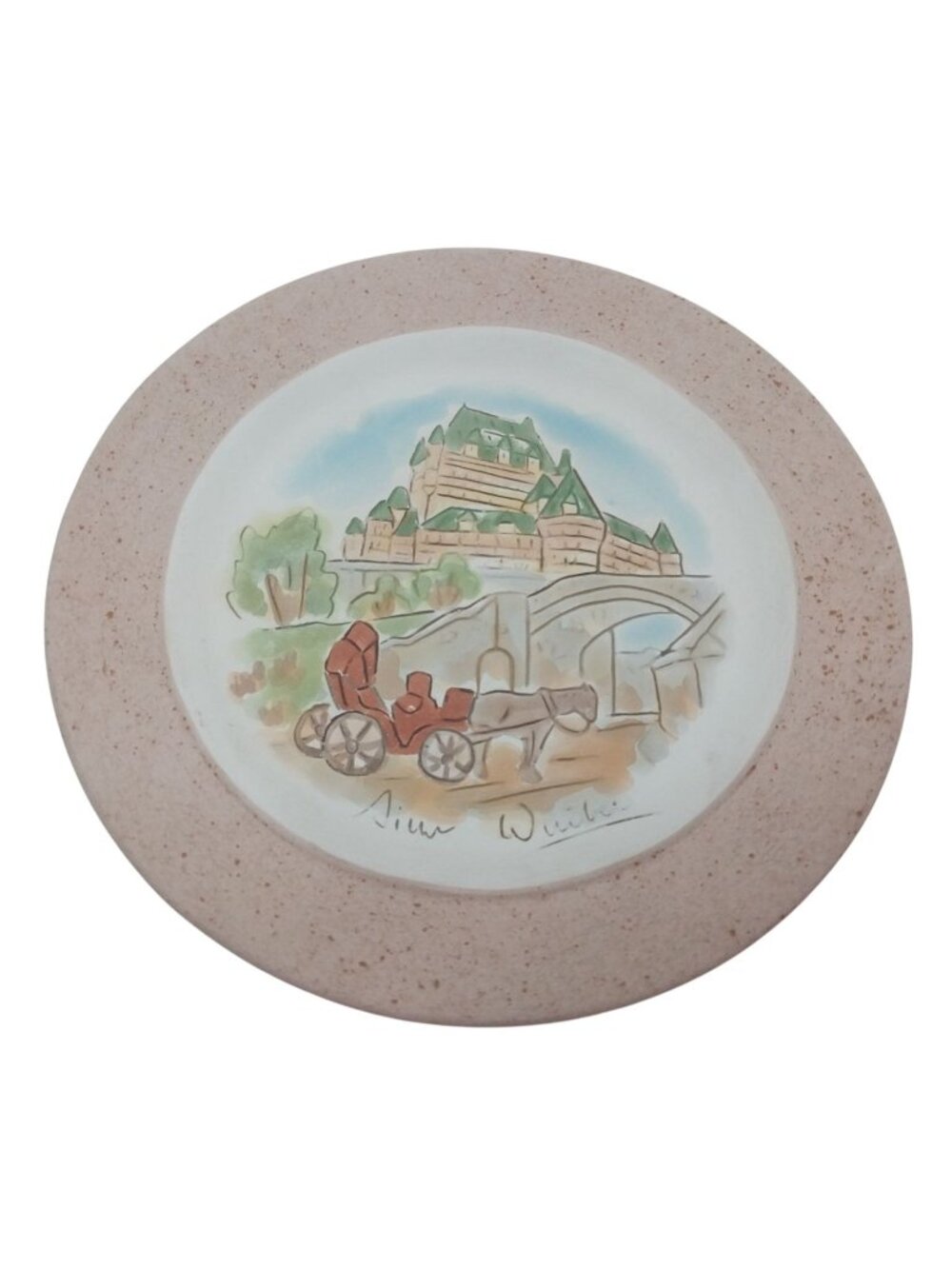Vintage Simon Le Chateau Frontenac Handpainted Ceramic Hanging Plate Wire Hanger